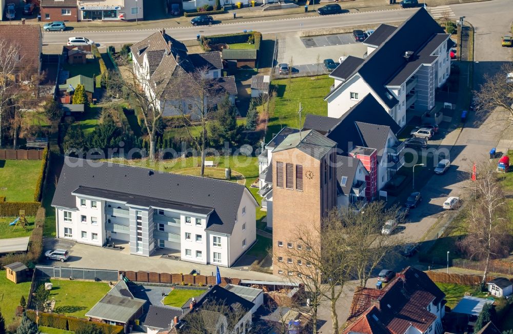 Bottrop from the bird's eye view: Steeple bell tower at the Scharfstreet in Bottrop- Eigen in the state of North Rhine- Westphalia