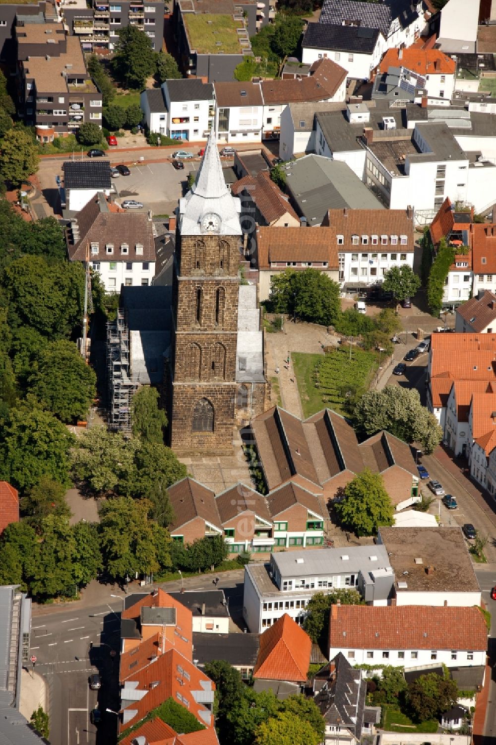 Aerial image Minden - Bell tower of St. Mary's Church in Minden in North Rhine-Westphalia