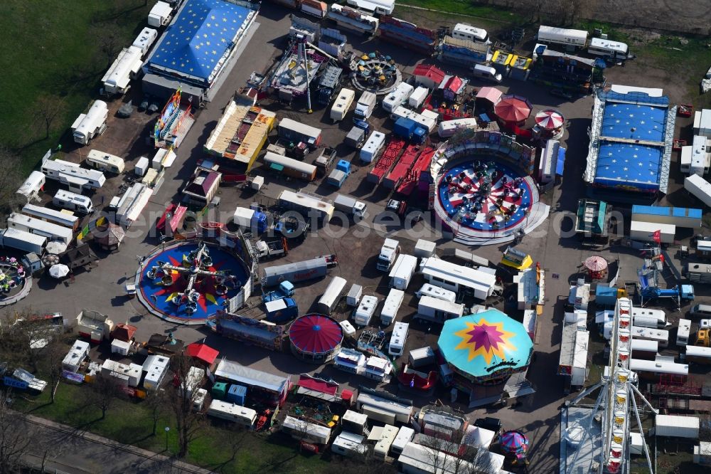 Magdeburg from above - Fair - event location at festival Fruehjahrsmesse on Messeplatz in the district Werder in Magdeburg in the state Saxony-Anhalt, Germany