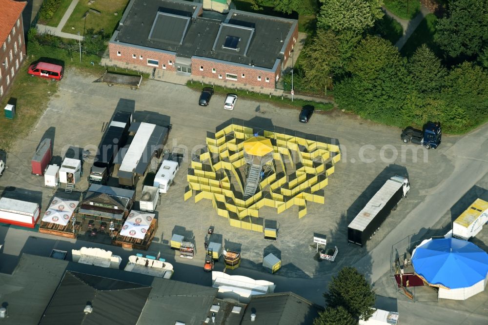 Cloppenburg from above - Fair - event location at festival with yellow labyrinth and maze in Cloppenburg in the state Lower Saxony