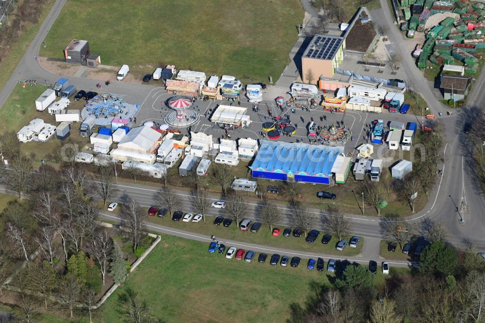 Rheinfelden (Baden) from above - Fair - event location at spring festival in the area Tutti-Kiesi in Rheinfelden (Baden) in the state Baden-Wurttemberg, Germany