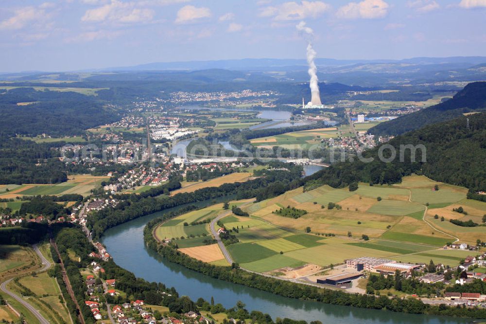 Laufenburg from above - Blick über den Hochrhein mit dem schweizer Kernkraftwerk Leibstadt mit seinem Siedewasserreaktor, betrieben von der Kernkraftwerk Leibstadt AG. View over the Rhine with the swiss nuclear power plant Leibstadt with its boiling water reactor run by the company Kernkraftwerk Leibstadt AG.