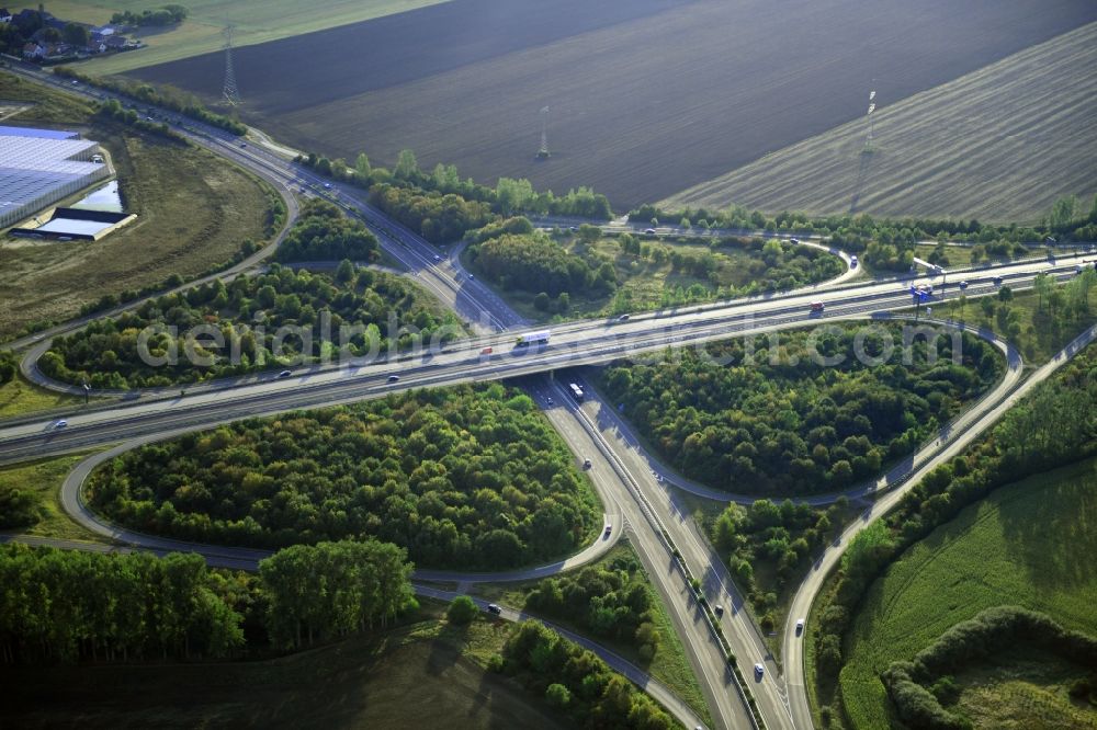 Magdeburg from above - Traffic flow at the intersection- motorway A14 to the B81 in form of cloverleaf in Magdeburg in the state Saxony-Anhalt, Germany