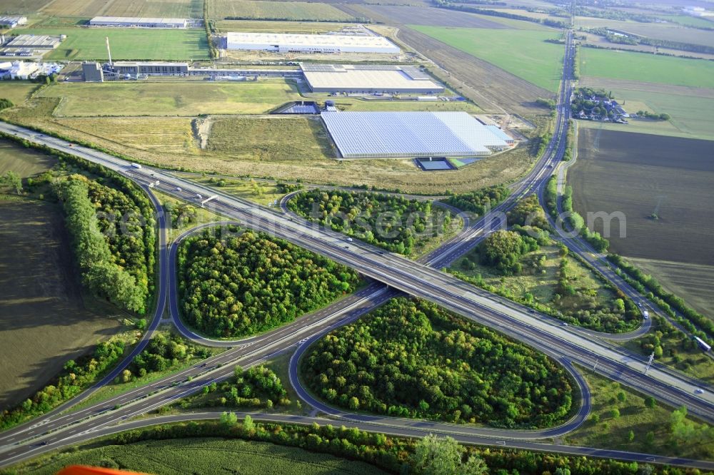 Aerial photograph Magdeburg - Traffic flow at the intersection- motorway A14 to the B81 in form of cloverleaf in Magdeburg in the state Saxony-Anhalt, Germany