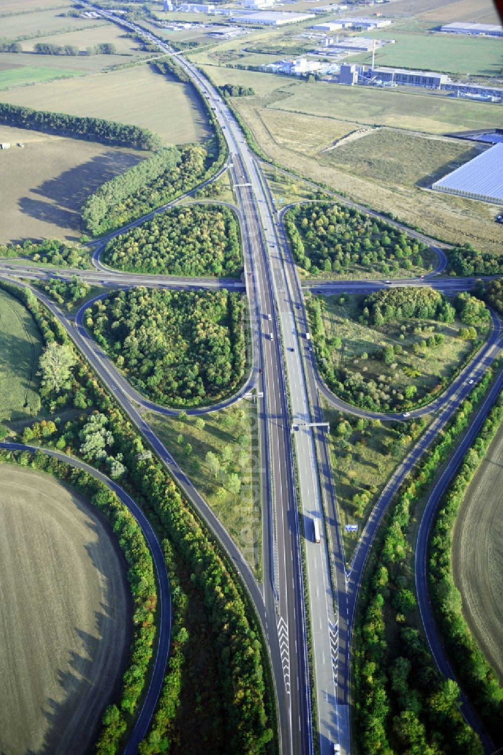 Magdeburg from the bird's eye view: Traffic flow at the intersection- motorway A14 to the B81 in form of cloverleaf in Magdeburg in the state Saxony-Anhalt, Germany