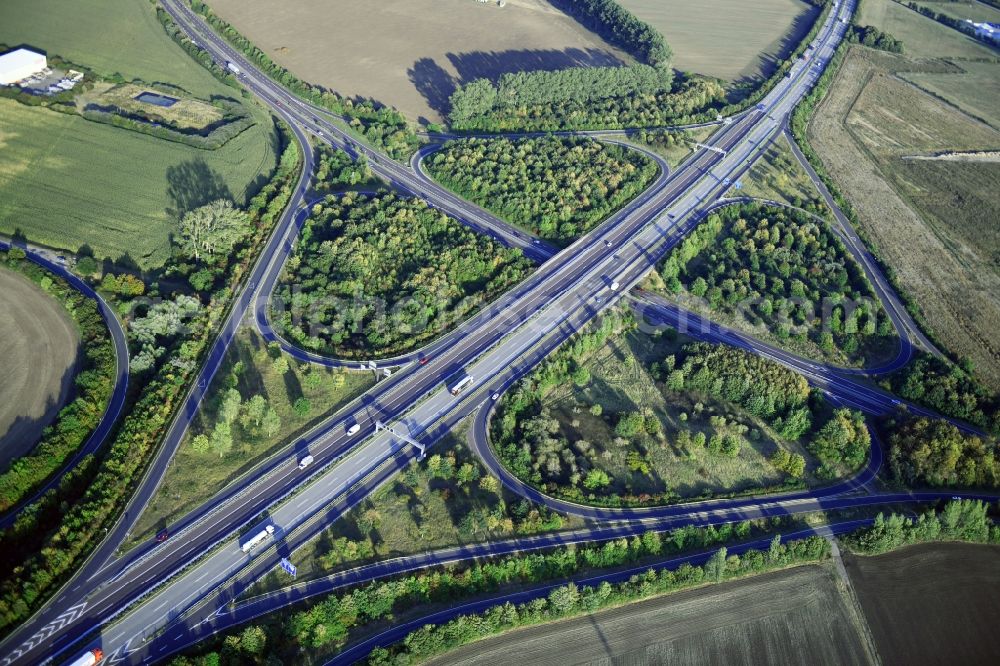 Magdeburg from the bird's eye view: Traffic flow at the intersection- motorway A14 to the B81 in form of cloverleaf in Magdeburg in the state Saxony-Anhalt, Germany