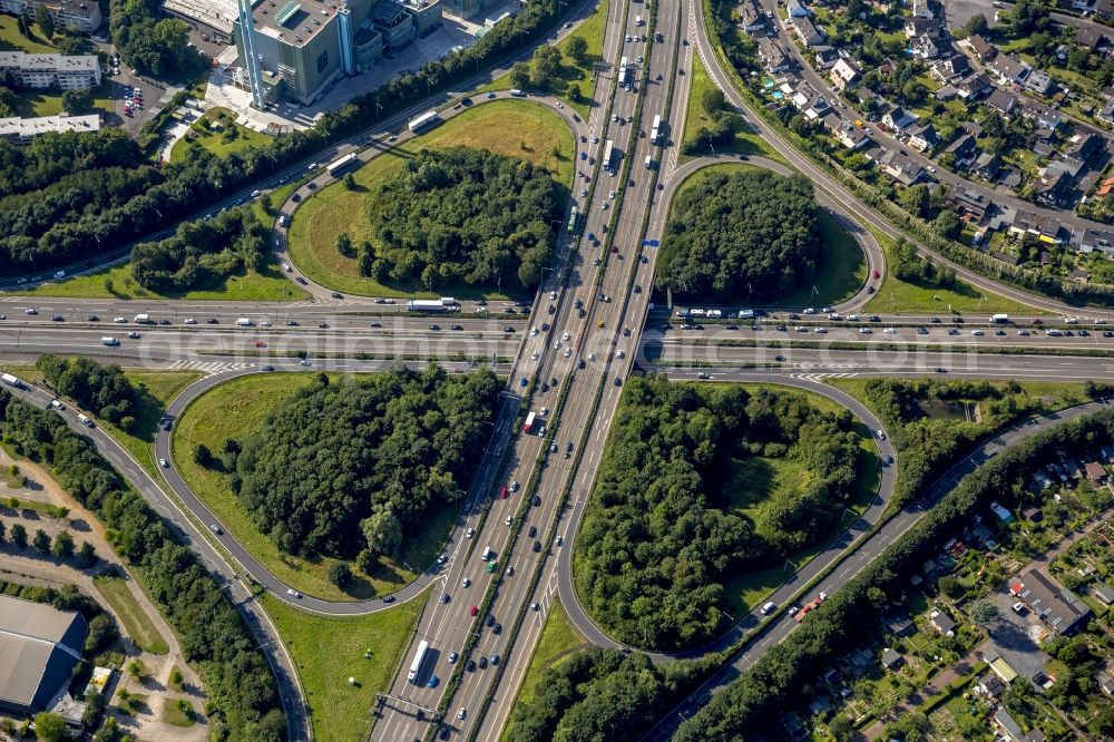 Aerial image Leverkusen - Traffic flow at the intersection- motorway A3 - A1 in form of cloverleaf in the district Manfort in Leverkusen in the state North Rhine-Westphalia, Germany