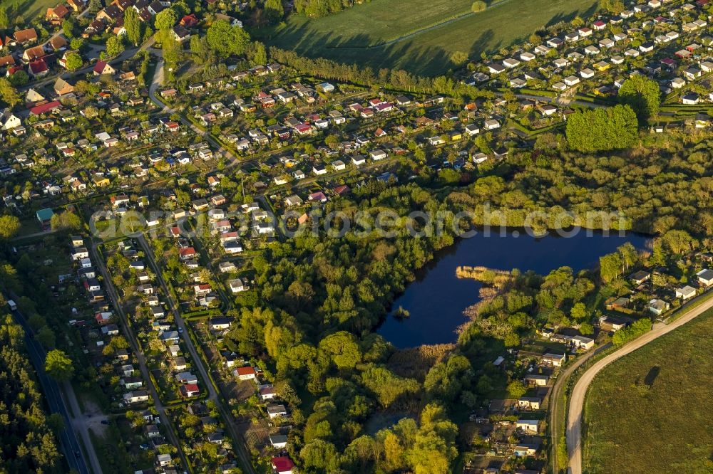 Waren (Müritz) from the bird's eye view: Allotment garden area at the Roebeler Road in Waren (Mueritz) in the state of Mecklenburg-Western Pomerania