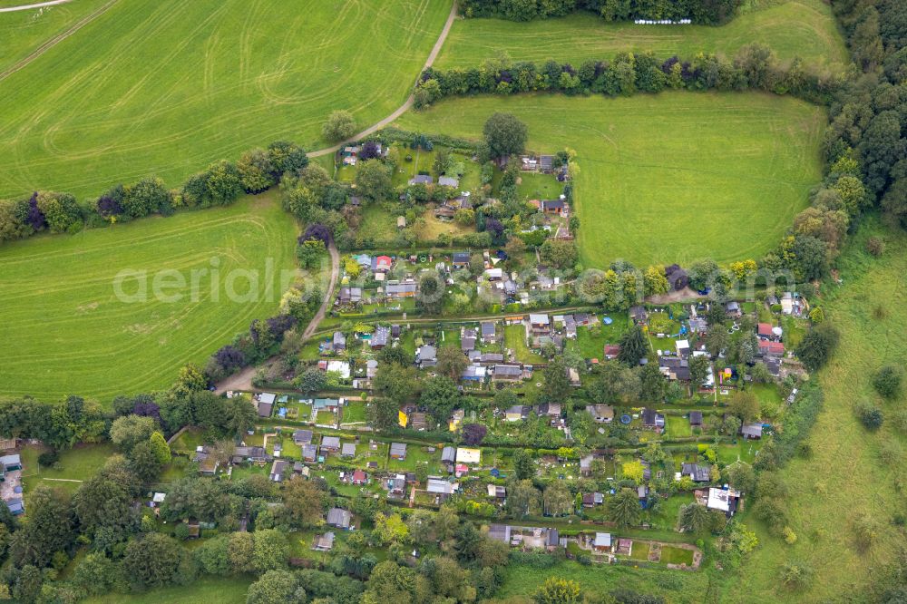 Dahl from above - Allotment gardens and cottage settlement in Dahl in the state North Rhine-Westphalia, Germany