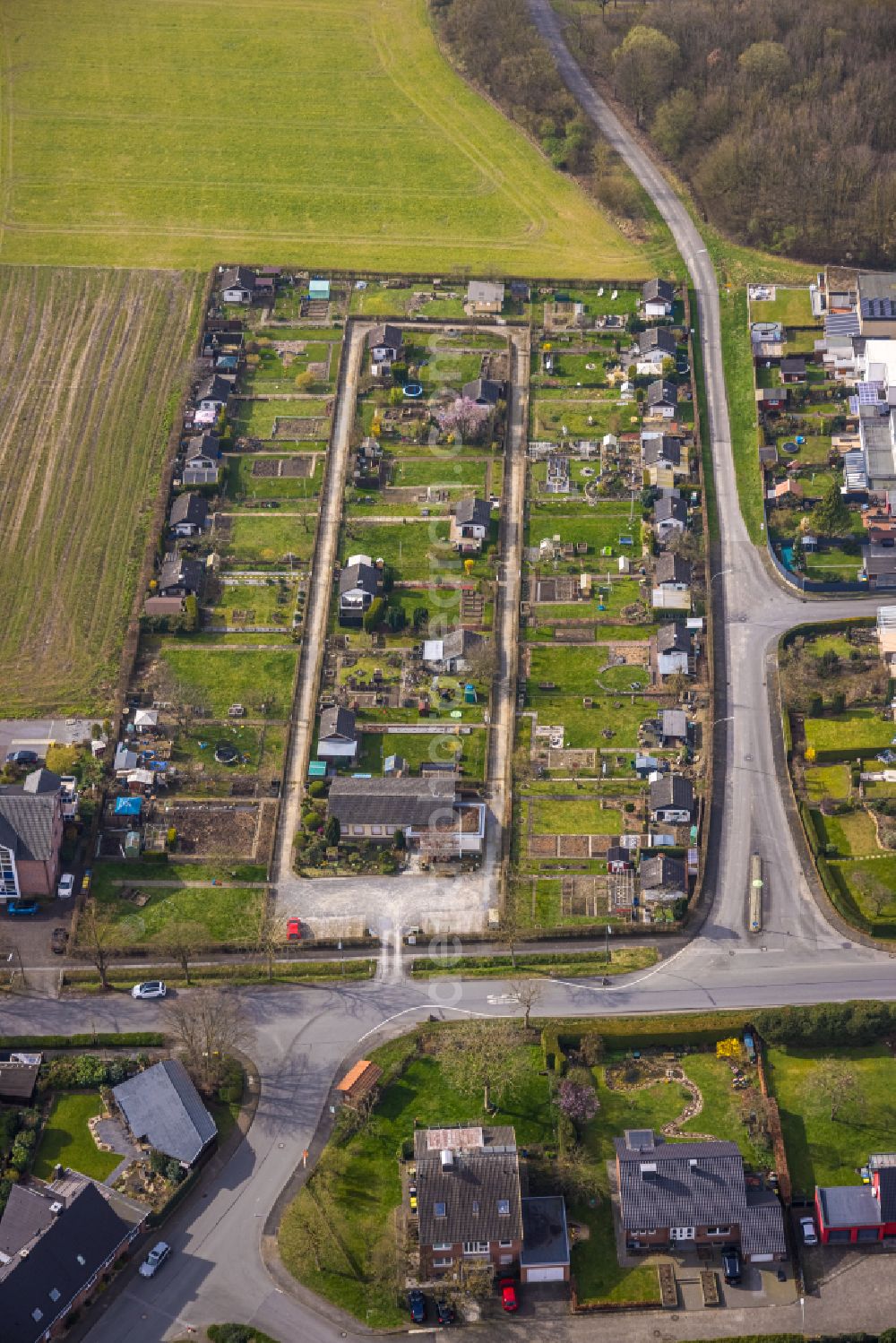 Aerial image Ahlen - Allotments gardens plots of the association - the garden colony on street Lambertistrasse in the district Dolberg in Ahlen in the state North Rhine-Westphalia, Germany