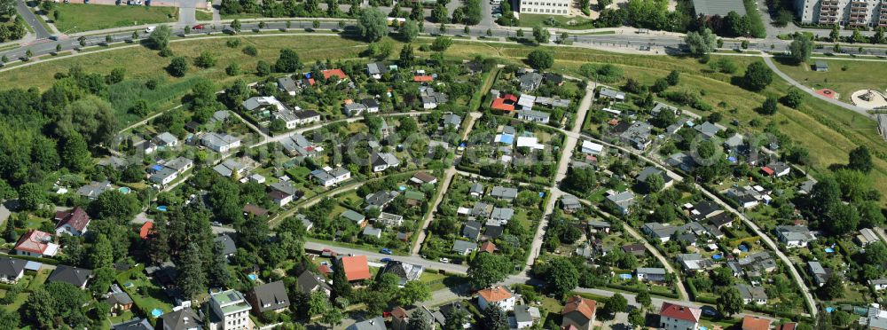 Berlin from above - Allotments gardens plots of the association - the garden colony of Bezirksverband of Gartenfreunde Berlin-Hellersdorf e.V. on street Am Wiesenhang in the district Kaulsdorf in Berlin, Germany