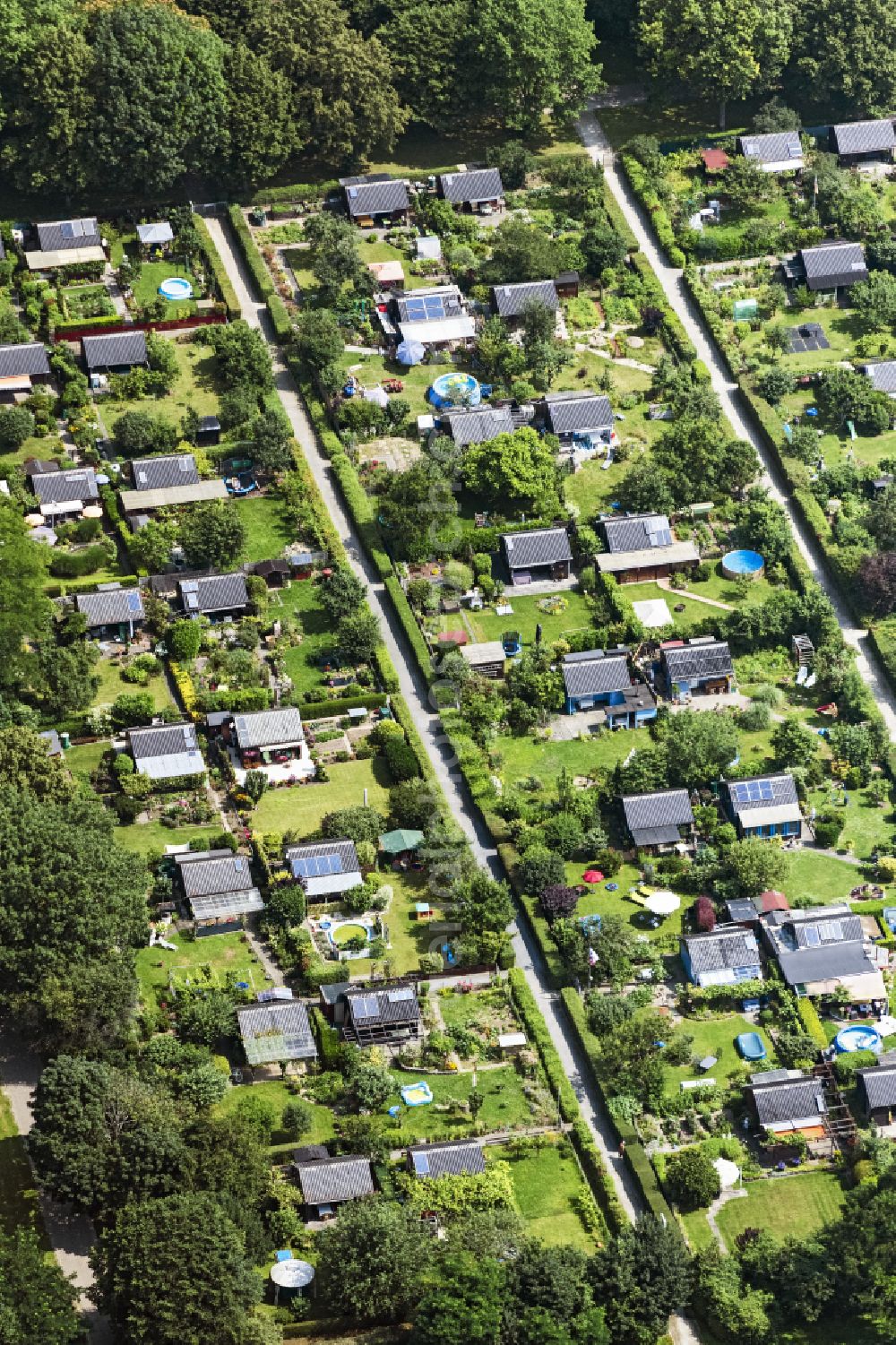 Köln from above - Allotments gardens plots of the association - the garden colony Kleingarten on Eichenwald in Cologne in the state North Rhine-Westphalia, Germany