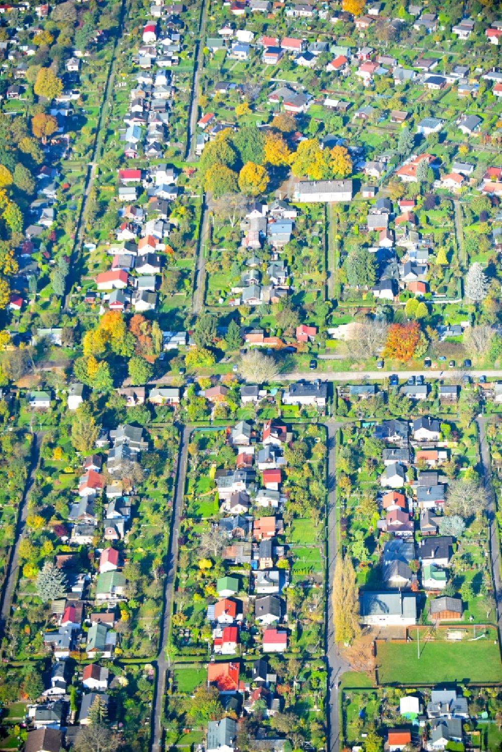 Aerial image Berlin - Allotments gardens plots of the association - the garden colony Kleingartenanlage Ideal III e.V. in Berlin Neukoelln in Berlin, Germany