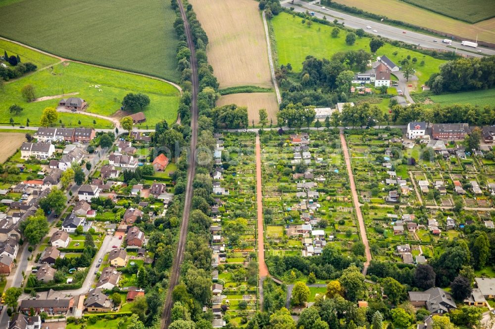 Gladbeck from above - Allotments gardens plots of the association - the garden colony vom Kleingartenverein Im Linnerott in Gladbeck in the state North Rhine-Westphalia, Germany