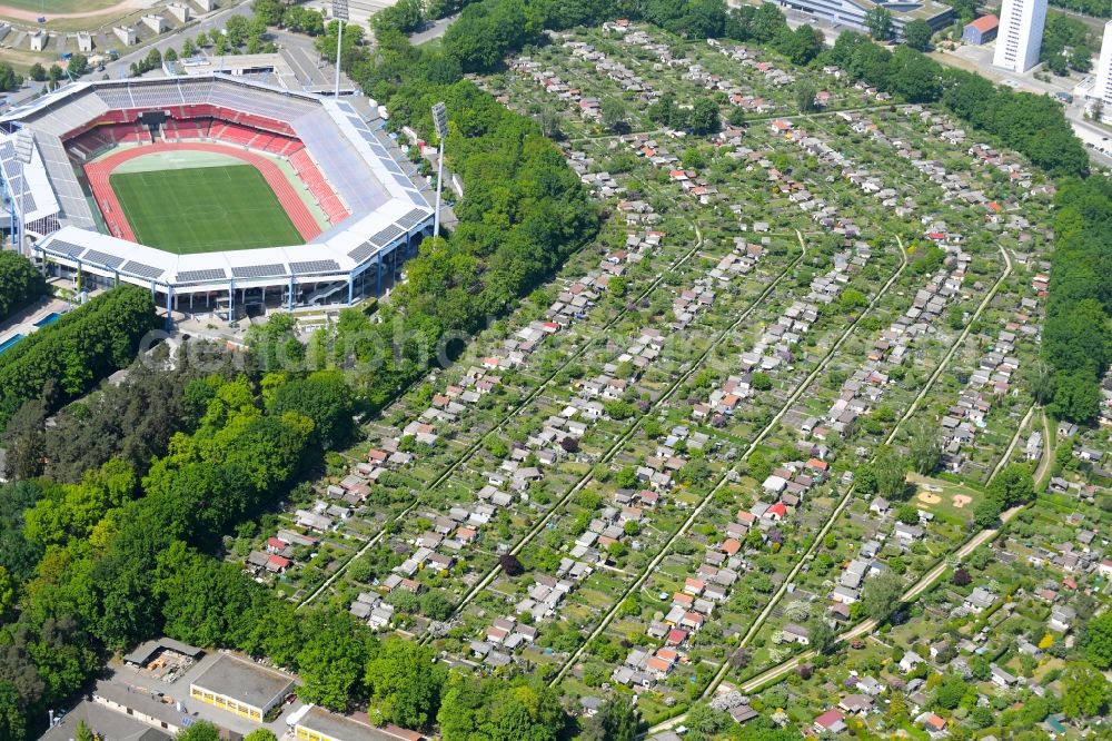 Aerial image Nürnberg - Allotments gardens plots of the association - the garden colony Kleingartenverein Zeppelinfeld e.V. Nuernberg on Hans-Kalb-Strasse in Nuremberg in the state Bavaria, Germany