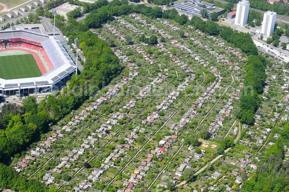 Aerial photograph Nürnberg - Allotments gardens plots of the association - the garden colony Kleingartenverein Zeppelinfeld e.V. Nuernberg on Hans-Kalb-Strasse in Nuremberg in the state Bavaria, Germany