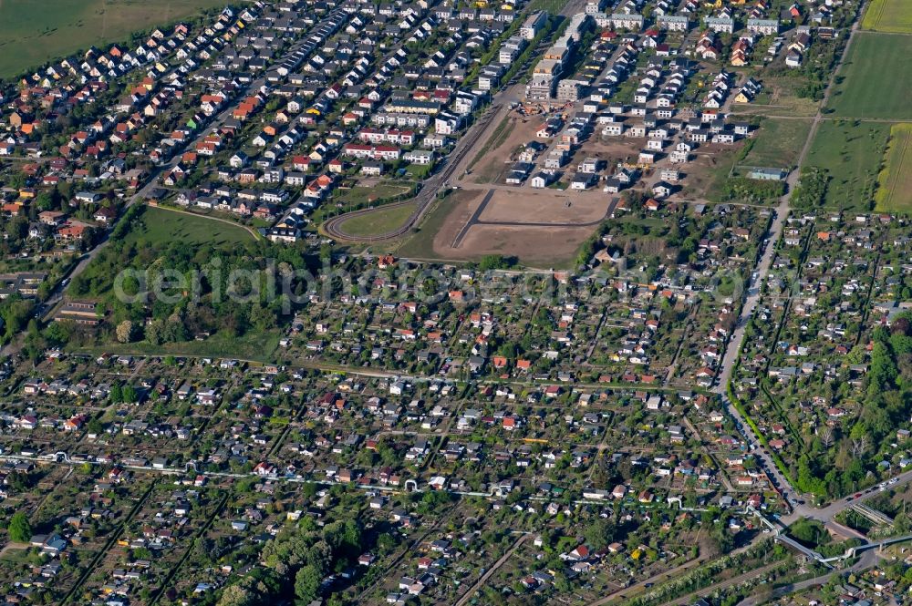 Erfurt from the bird's eye view: Allotments gardens plots of the association - the garden colony next to the Ringelberg-Siedlung in Erfurt in the state Thuringia, Germany