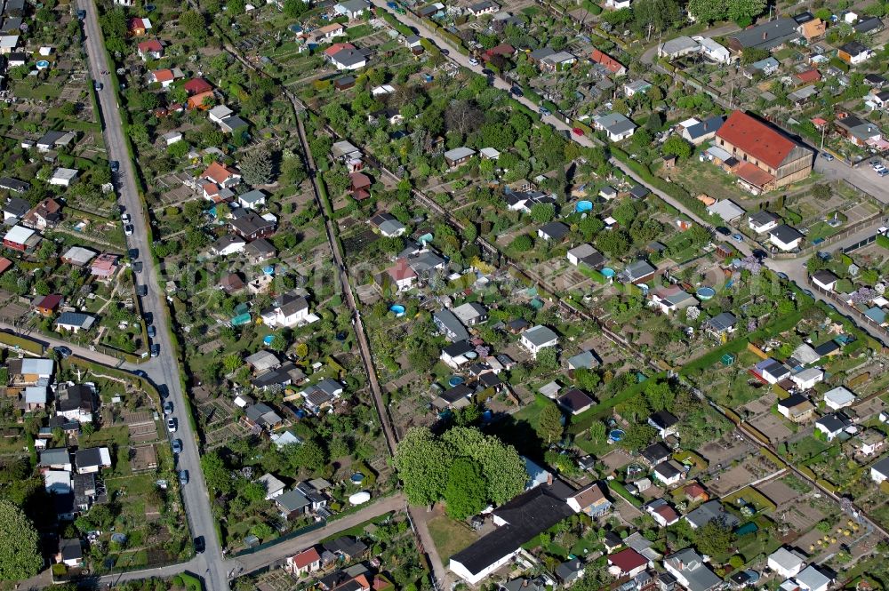 Erfurt from the bird's eye view: Allotment gardens of the arbor colony on Rosslauer Strasse in the district of Johannesvorstadt in Erfurt in the state Thuringia, Germany