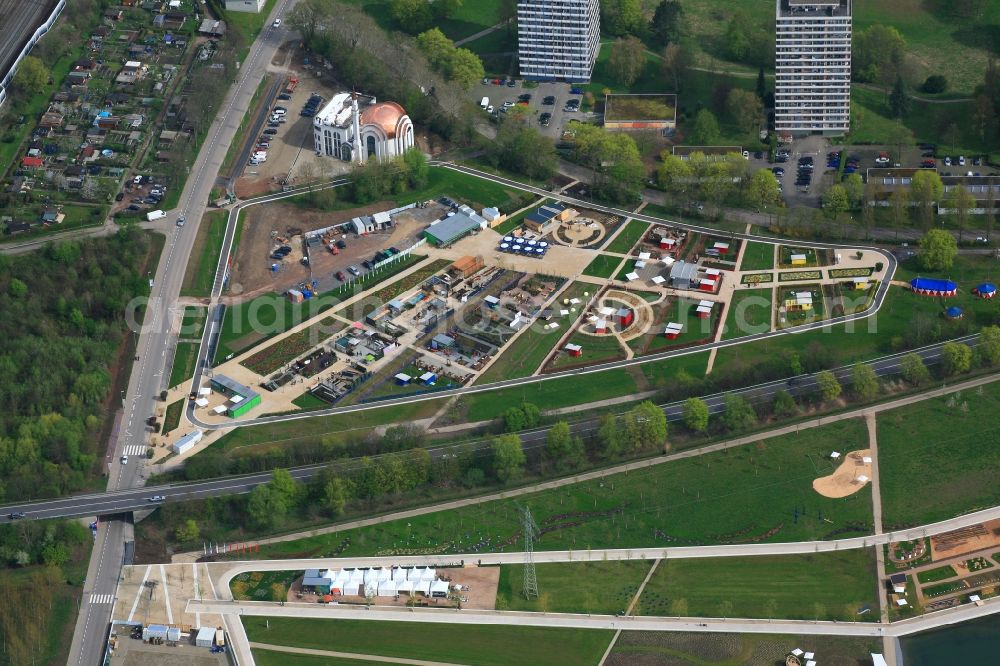 Lahr/Schwarzwald from above - Exhibition grounds and park areas of the horticultural show Landesgartenschau 2018 with Ulu Mosque in Lahr/Schwarzwald in the state Baden-Wuerttemberg, Germany