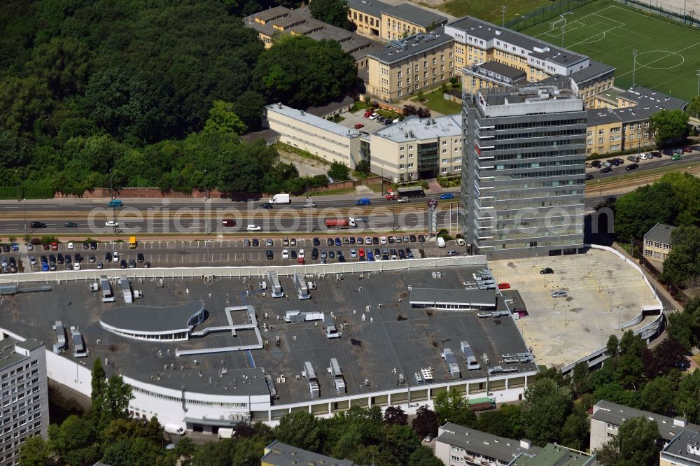 Warschau from above - Klif Shopping Center in downtown Warsaw in Poland. The fashion shopping mall is located on Okopowa Street opposite the Jewish cemetery, one of the largest in Europe. The mall includes several restaurants and a parking lot