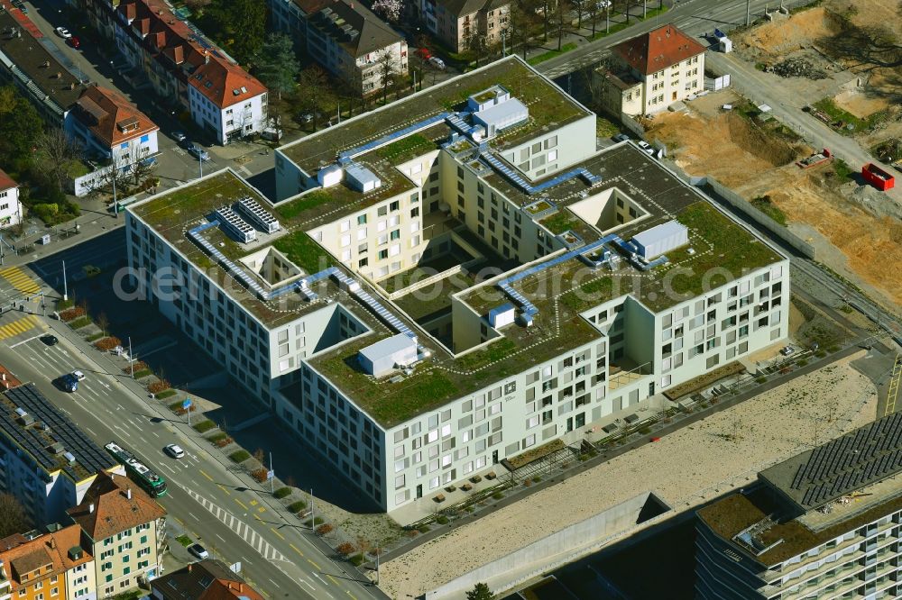 Basel from above - New construction of the clinic building University Old Age Medicine Felix Platter in the district Iselin in Basel, Switzerland