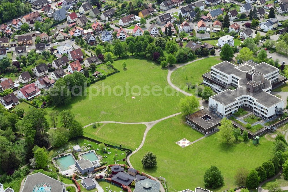 Bad Säckingen from above - Hospital grounds of the former clinic in Bad Saeckingen in the state Baden-Wurttemberg, Germany