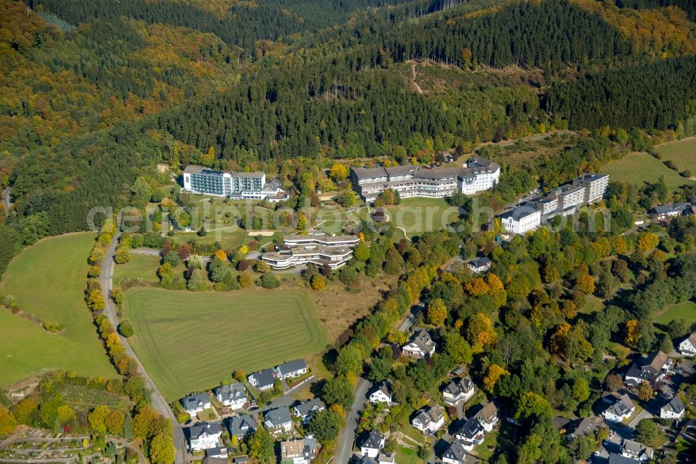 Schmallenberg from above - Hospital grounds of the Clinic Hochsauerland internist-psychosomatic Clinic in Schmallenberg in the state North Rhine-Westphalia. In the picture the Hotel Zum Hallenberg in Bad Fredeburg