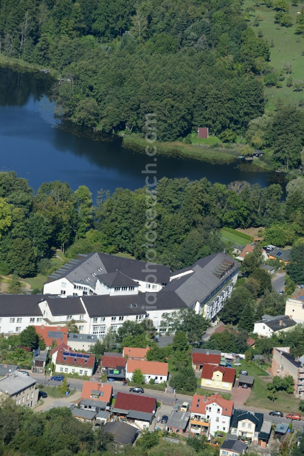 Buckow (Märkische Schweiz) from the bird's eye view: Clinic of the hospital grounds of Immanuel Clinicum Maerkische Schweiz in Buckow (Maerkische Schweiz) in the state of Brandenburg. The complex is located on Griepensee