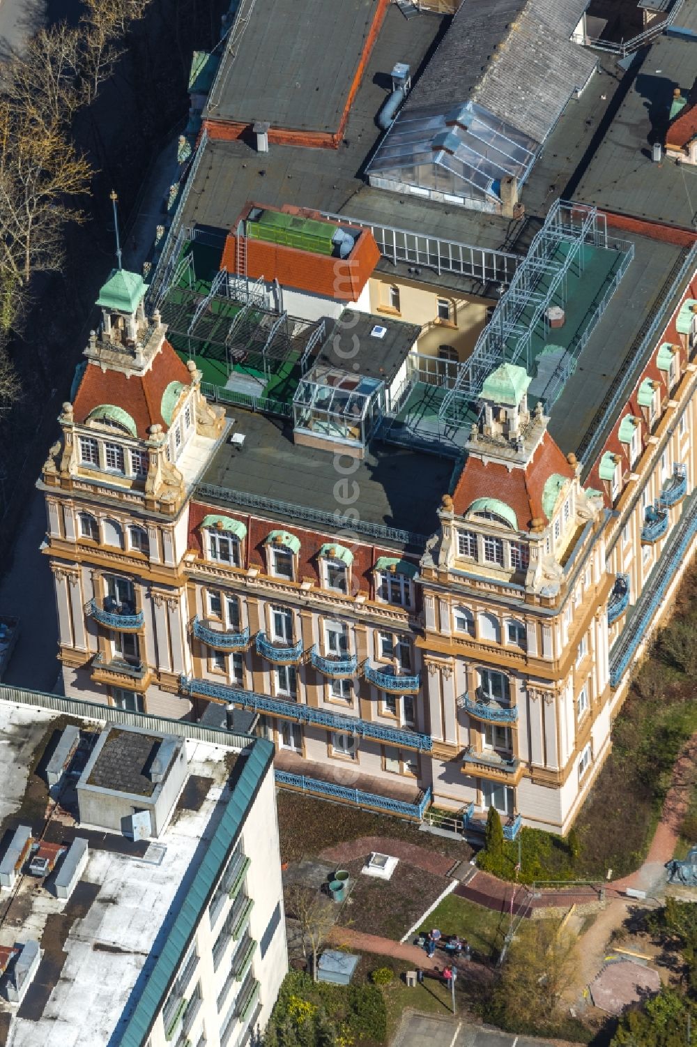 Aerial photograph Bad Wildungen - Hospital grounds of the Clinic Asklepios Fachklinik Fuerstenhof on Brunnenallee in Bad Wildungen in the state Hesse, Germany