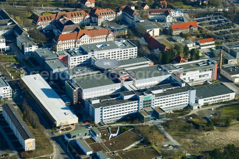 Cottbus from the bird's eye view: Hospital grounds of the Clinic Carl-Thiem-Klinikum Cottbus on Thiemstrasse in Cottbus in the state Brandenburg, Germany