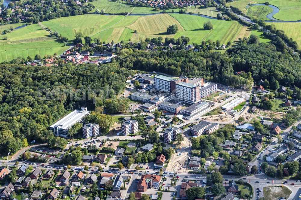 Stade from above - Hospital grounds of the Clinic Elbe Klinikum in Stade in the state Lower Saxony, Germany