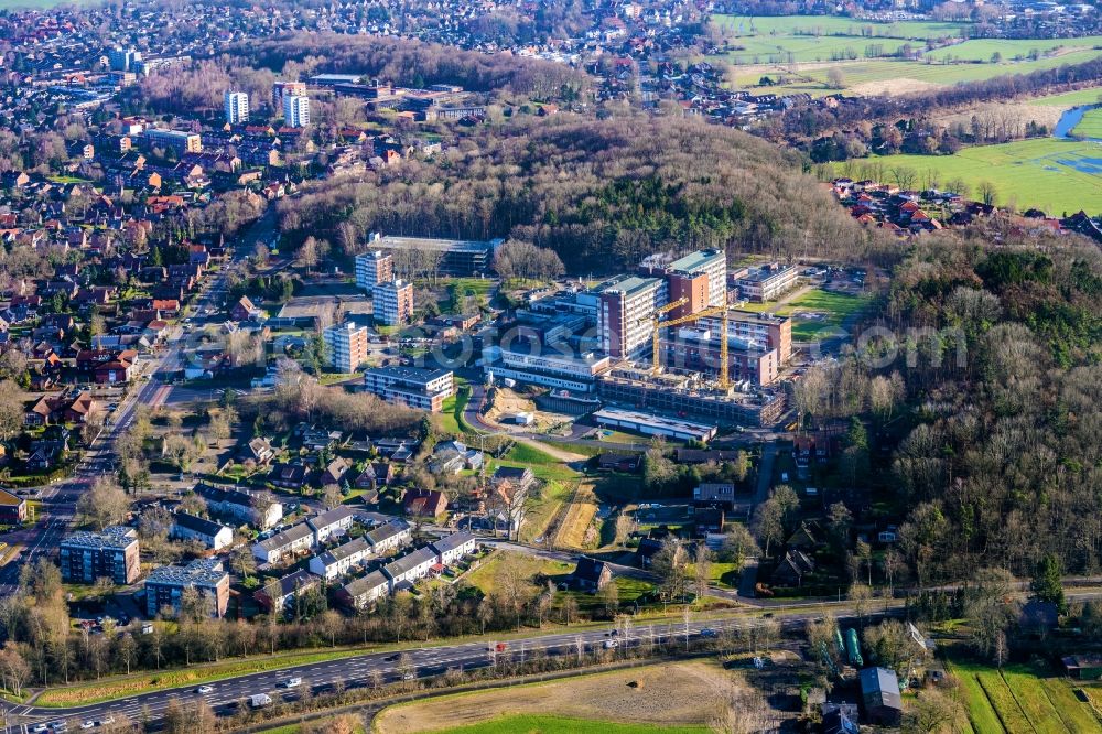 Stade from above - Hospital grounds of the Clinic Elbe Klinikum in Stade in the state Lower Saxony, Germany