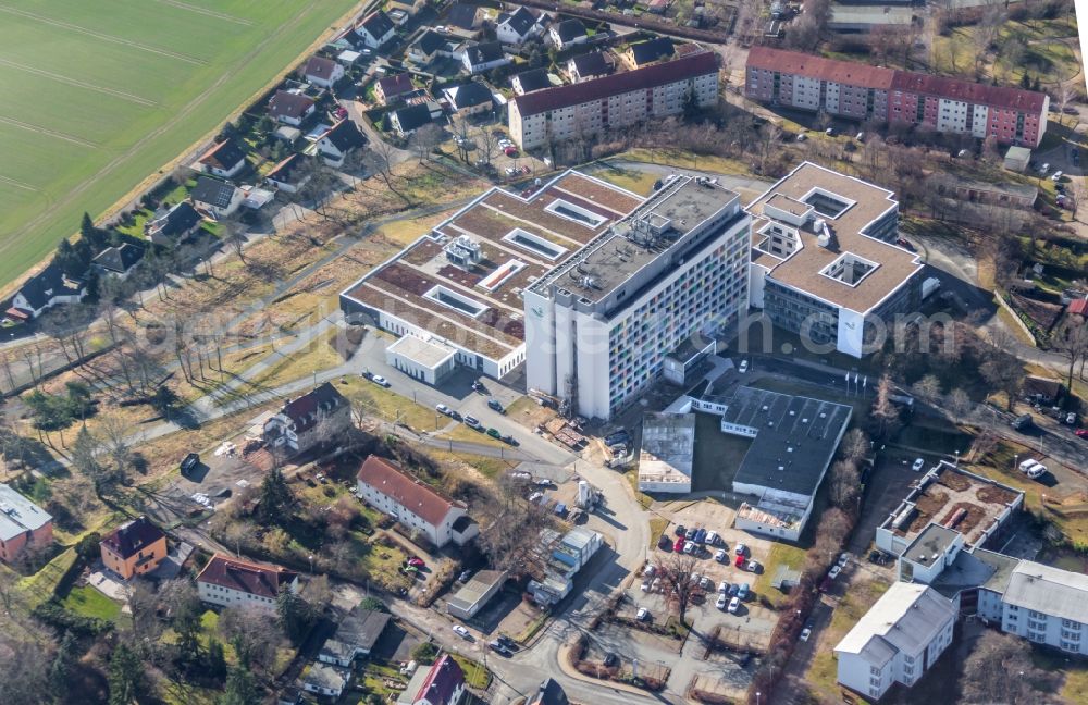 Aerial image Riesa - Hospital grounds of the Clinic Elblandklinikum in Riesa in the state Saxony, Germany