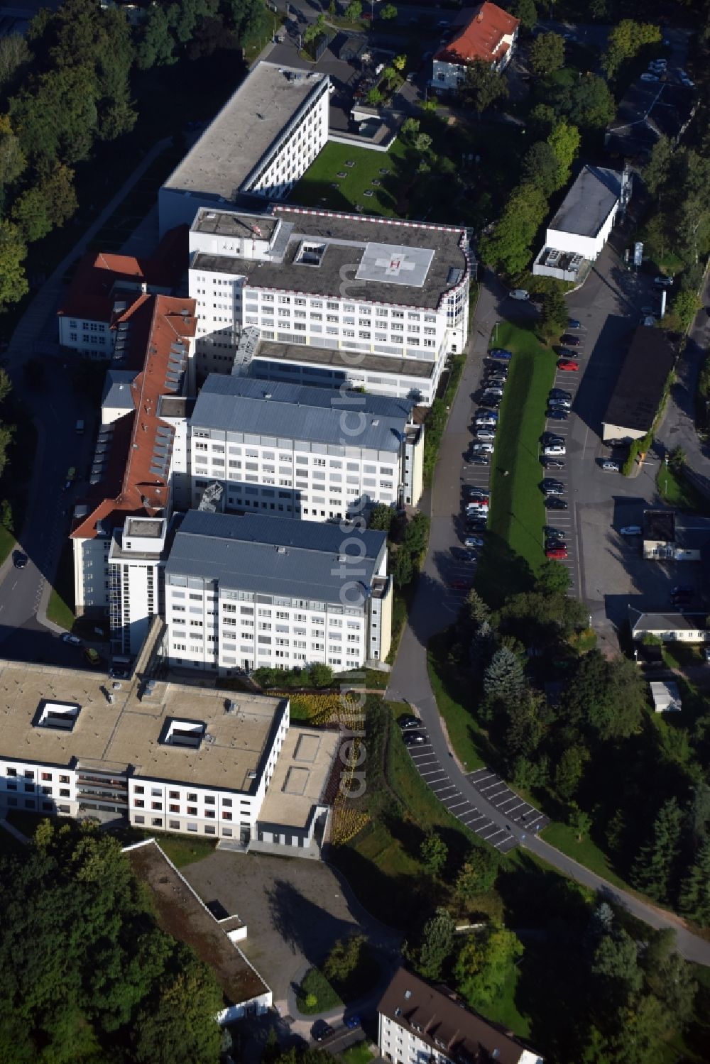 Aue from above - Premises of the hospital HELIOS Klinikum in Aue in the state of Saxony