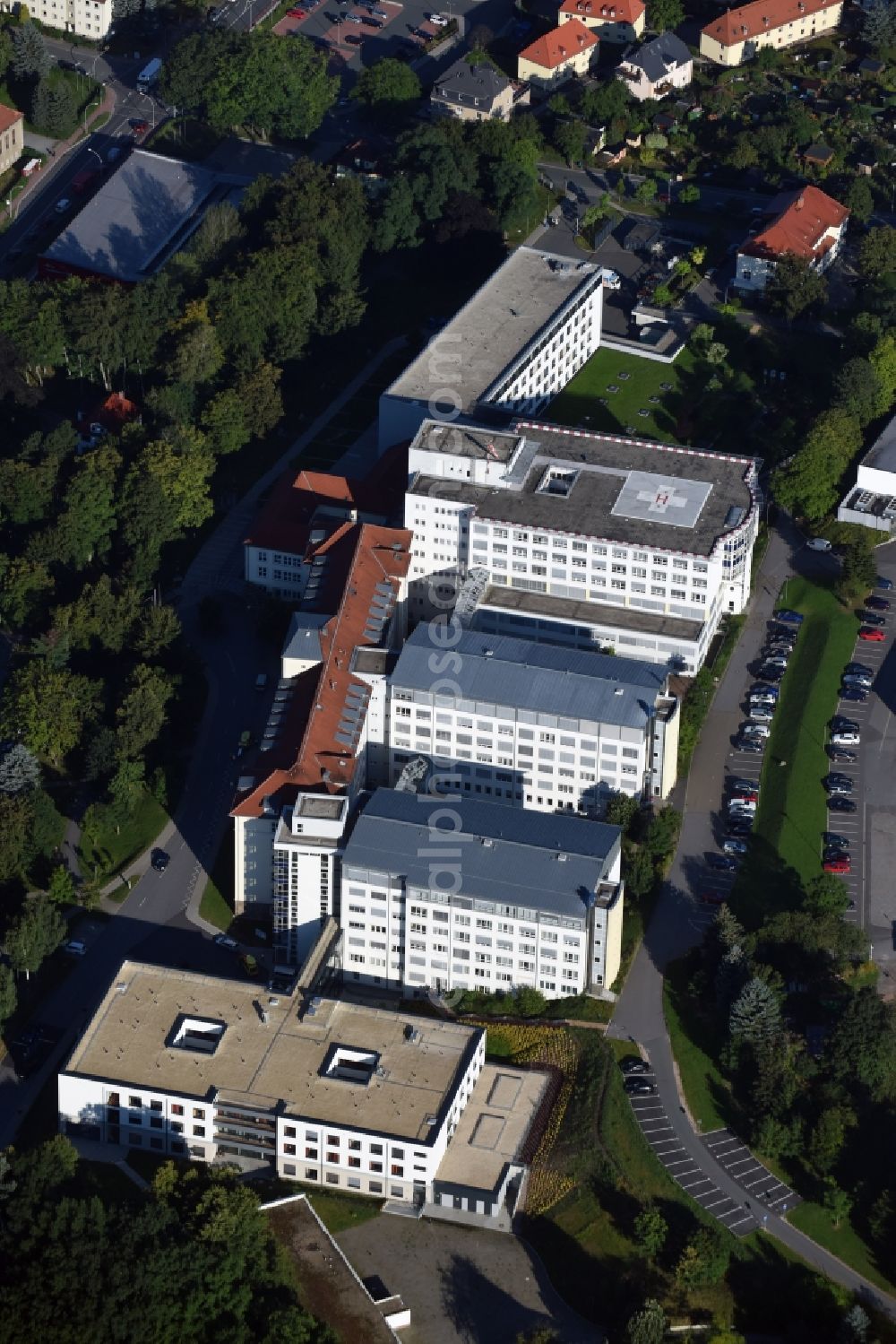 Aue from the bird's eye view: Premises of the hospital HELIOS Klinikum in Aue in the state of Saxony