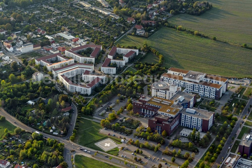 Leipzig from the bird's eye view: Hospital grounds of the Clinic HELIOS Park-Klinikum Leipzig and Herzzentrum Leipzig on Struempellstrasse in the district Probstheida in Leipzig in the state Saxony, Germany