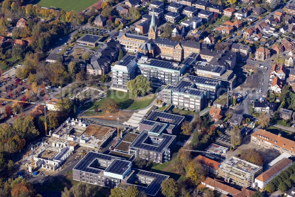 Aerial photograph Sendenhorst - Construction site for the new construction of an operating room and functional building on the clinic grounds of the hospital St. Josef-Stift Sendenhorst - Clinic for Rheumatology at the Westtor in Sendenhorst in the federal state of North Rhine-Westphalia, Germany