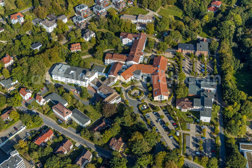 Bielefeld from the bird's eye view: Hospital grounds of the Clinic Krankenhaus Mara | Bethel on street Maraweg in the district Bethel in Bielefeld in the state North Rhine-Westphalia, Germany