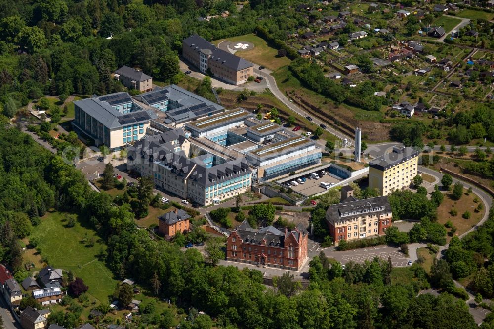 Aerial image Greiz - Hospital grounds of the Clinic Kreiskrankenhaus Greiz on Wichmannstrasse in Greiz in the state Thuringia, Germany