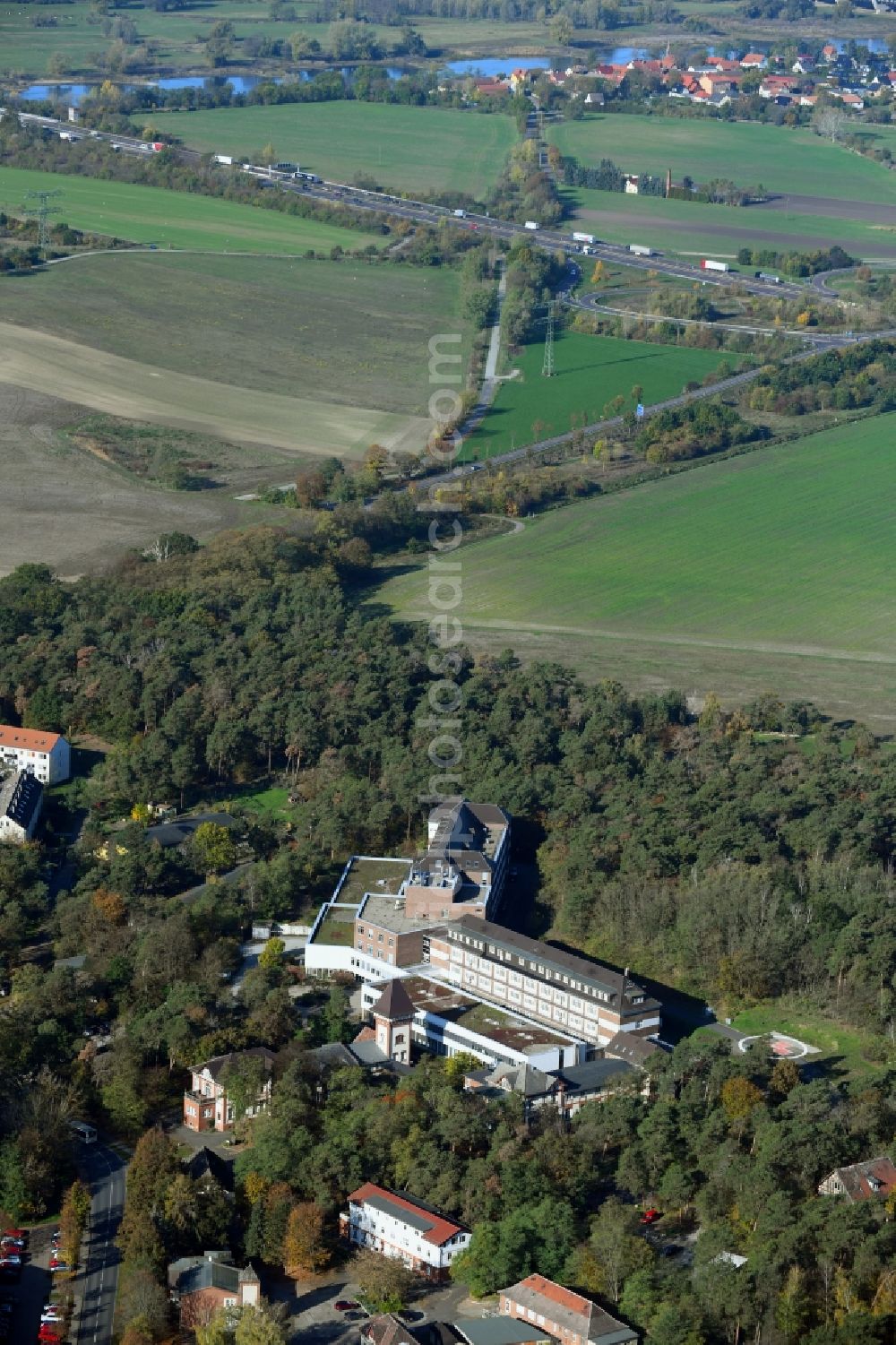 Lostau from above - Hospital grounds of the Clinic Lungenklinik on Lindenstrasse in Lostau in the state Saxony-Anhalt, Germany