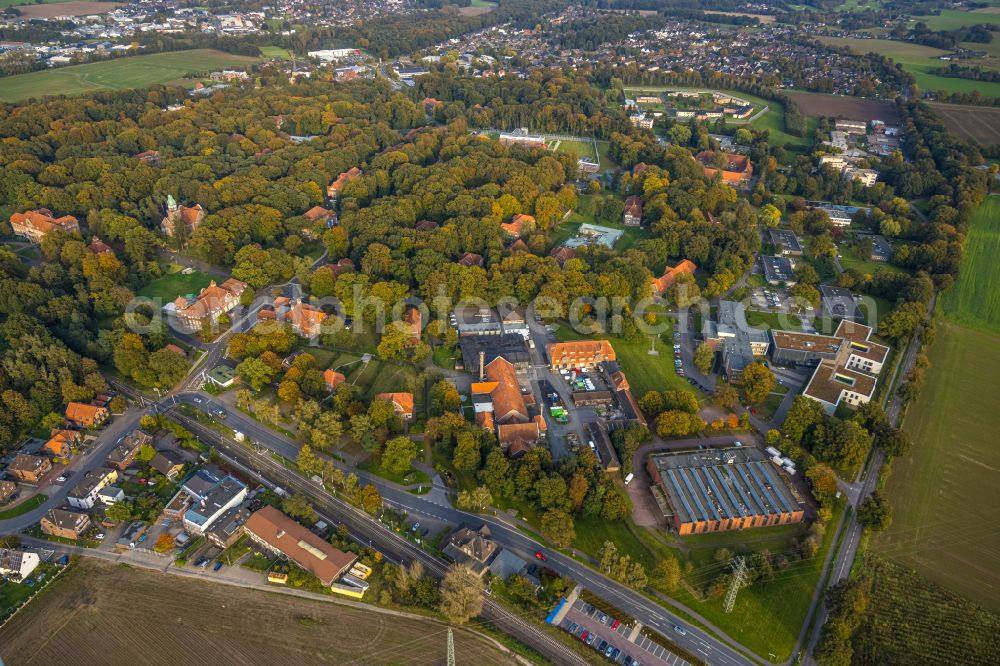 Aerial image Bedburg-Hau - Hospital grounds of the Clinic LVR-Klinik Bedburg-Hau on Bahnstrasse in Bedburg-Hau in the state North Rhine-Westphalia, Germany