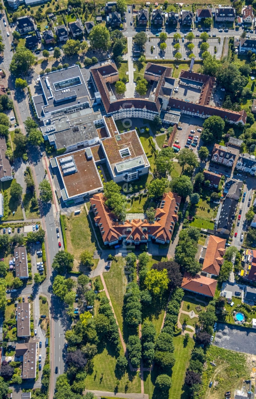 Aerial photograph Hamm - Hospital grounds of the Clinic St. Marien-Hospital Hamm on Knappenstrasse in Hamm in the state North Rhine-Westphalia, Germany