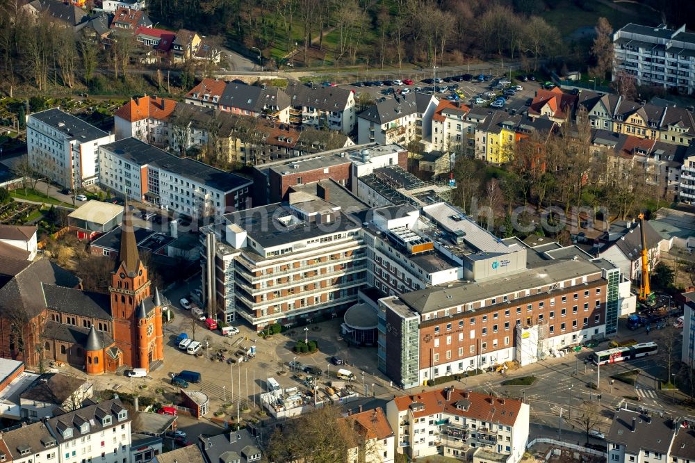 Witten from above - Clinic of the hospital grounds Marien-Hospital, Marienkirche church and residential buildings in Witten in the state of North Rhine-Westphalia