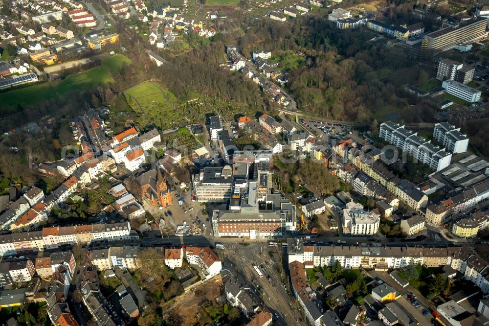 Aerial photograph Witten - Clinic of the hospital grounds Marien-Hospital, Marienkirche church and residential buildings in Witten in the state of North Rhine-Westphalia