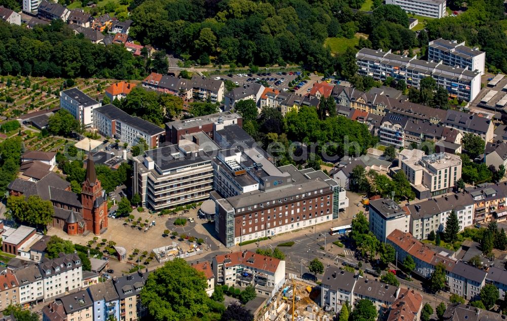 Aerial photograph Witten - Clinic of the hospital grounds Marien-Hospital, Marienkirche church on Marienplatz square in Witten in the state of North Rhine-Westphalia