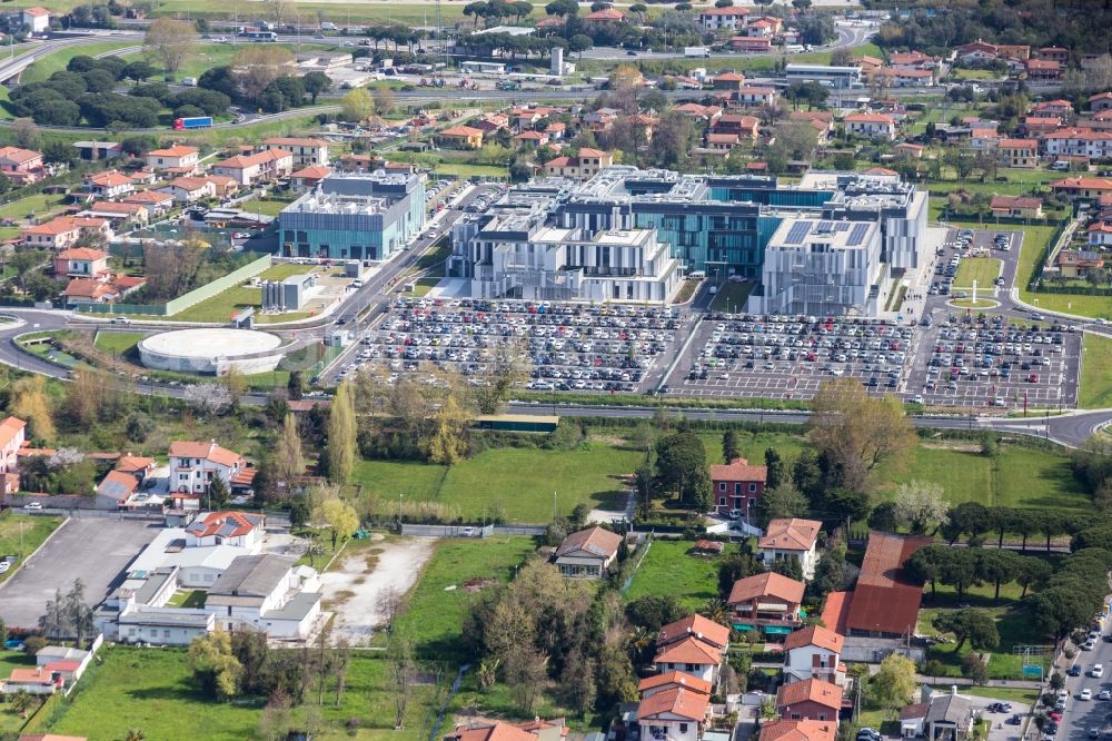 Aerial image Massa - Hospital grounds of the Clinic New Hospital Apuano in Massa in Toskana, Italy