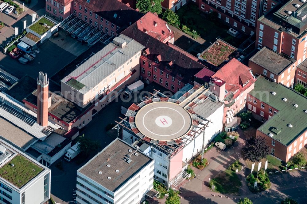 Offenburg from the bird's eye view: Hospital grounds of the Clinic Ortenau Klinikum on Ebertplatz in Offenburg in the state Baden-Wurttemberg, Germany