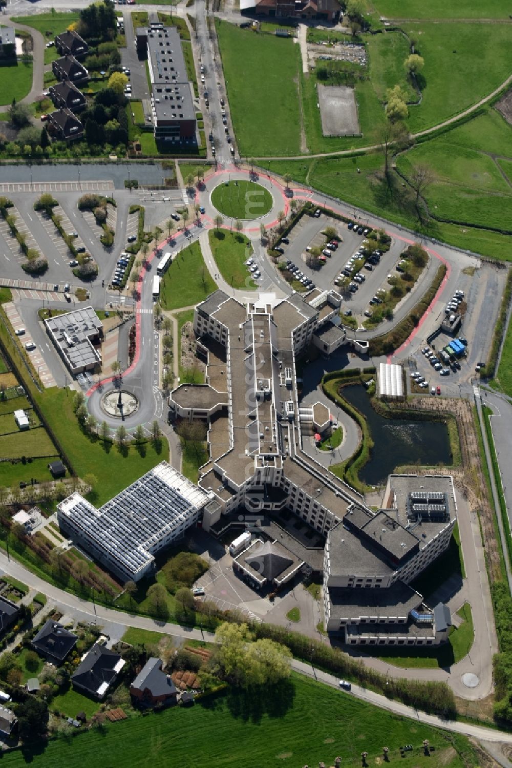 Halle from above - Clinic of the hospital grounds Reg. Ziekenhuis St Maria Ziekenhuislaan and AZ Sint - Maria in Halle in Vlaan deren, Belgium