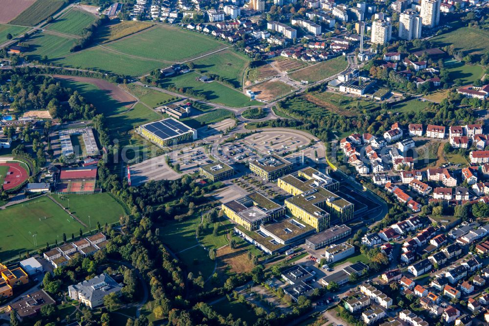 Winnenden from the bird's eye view: Hospital grounds of the Clinic Rems-Murr-Kliniken and AWO Kinderhaus Zipfelbach on street Am Jakobsweg in Winnenden in the state Baden-Wuerttemberg, Germany