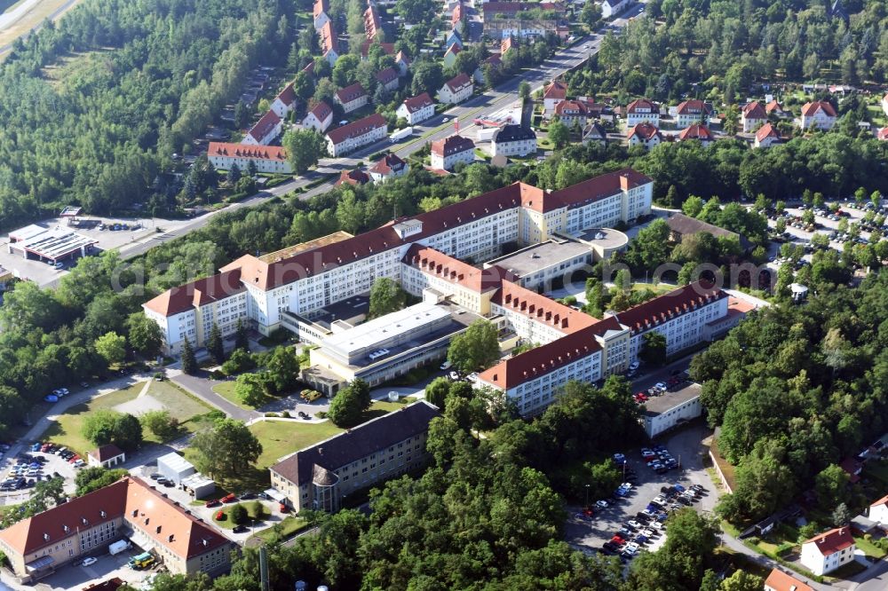 Borna from the bird's eye view: Clinic of the hospital grounds Sana Klinikum Borna on Rudolf-Virchow-Strasse in Borna in the state Saxony